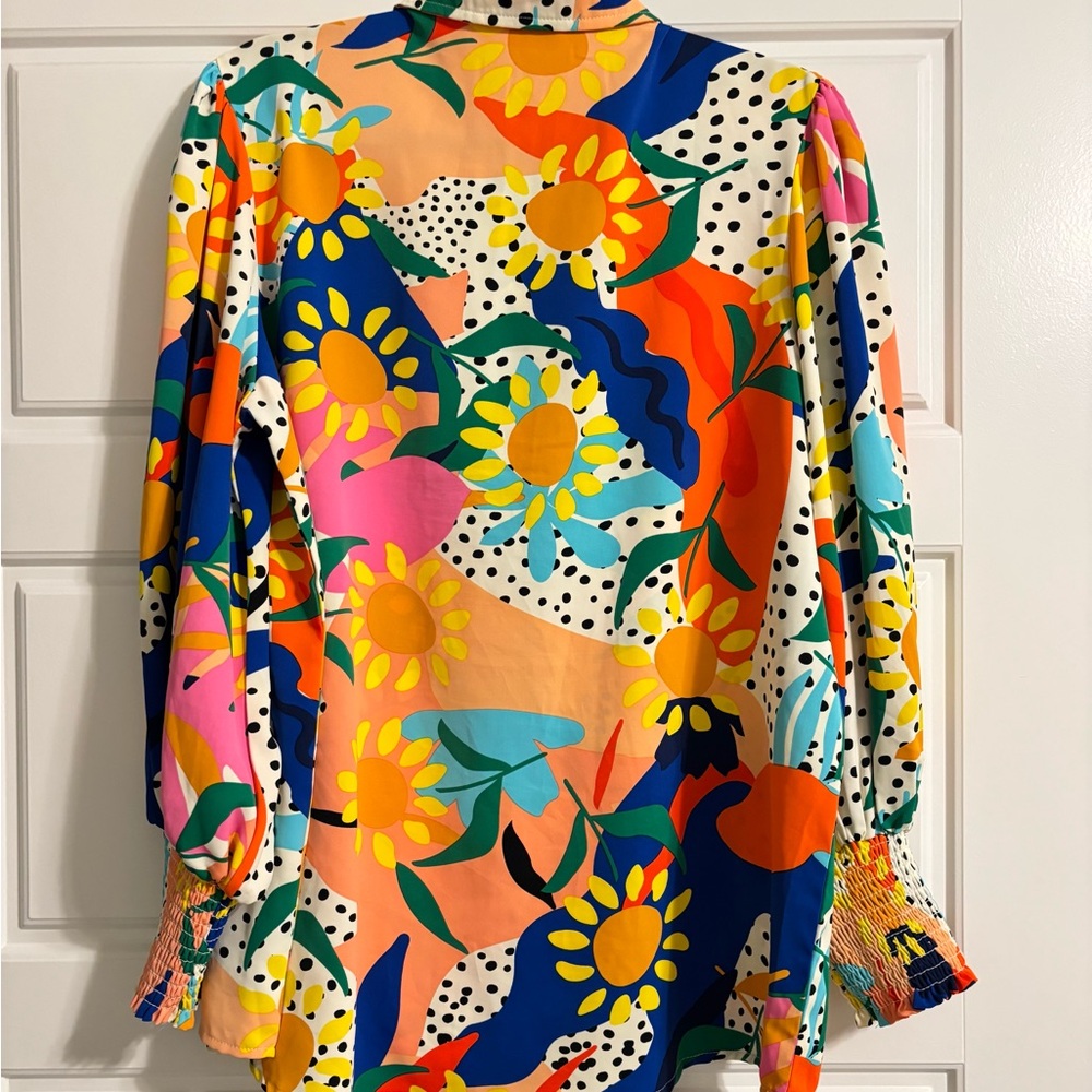 Women’s Boho Abstract Button Down Blouse with puff sleeves and smocked cuffs - Picture 3 of 7